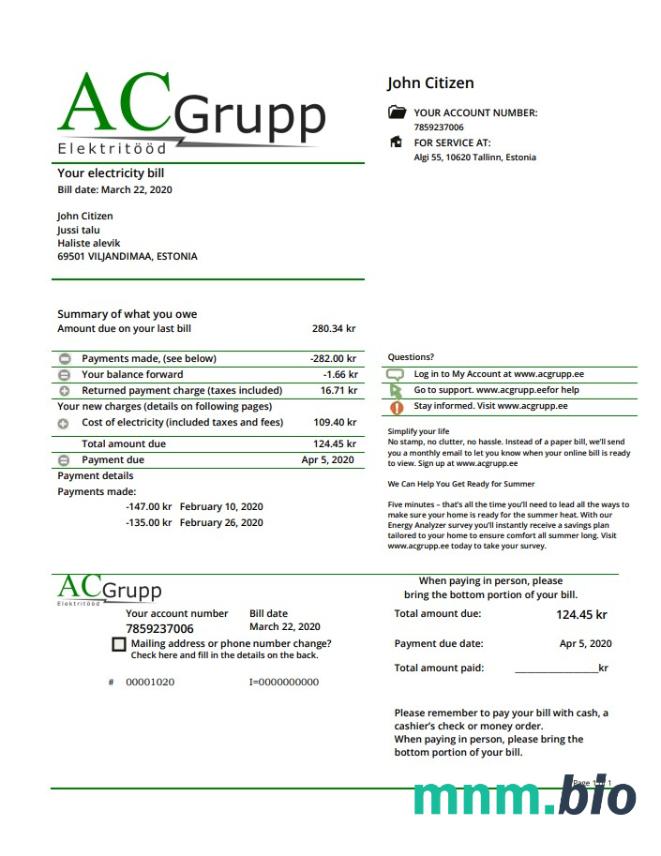 Estonia AC Grupp OÜ szablon rachunku za energię elektryczną w formacie Word i PDF
